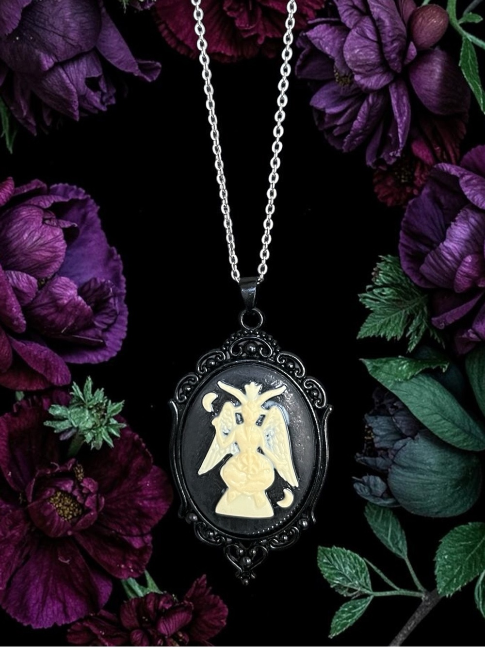 BAPHOMET CAMEO black lace necklace pendant on silver chain new
